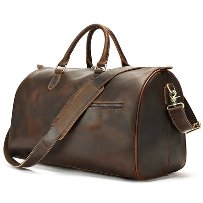 Men's vintage-style genuine leather crossbody bag in black, shown with spacious main compartment.