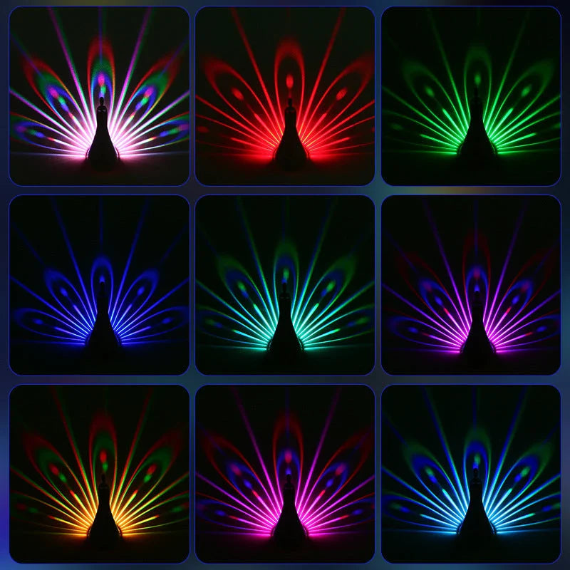 Elegant Peacock Projection Lamp with vibrant 3D peacock feather projections, creating a warm and relaxing atmosphere