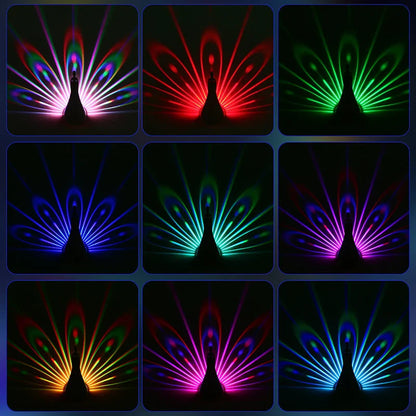 Elegant Peacock Projection Lamp with vibrant 3D peacock feather projections, creating a warm and relaxing atmosphere