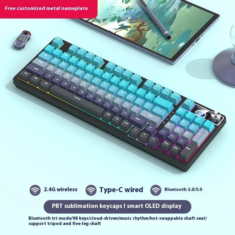 98-key wireless mechanical keyboard kit in black or white with optional LED screen and metal knob