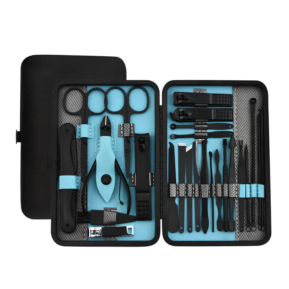 Beauty and manicure nail care kit with stainless steel tools in PU leather case showing multiple grooming implements