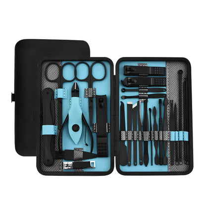 Beauty and manicure nail care kit with stainless steel tools in PU leather case showing multiple grooming implements