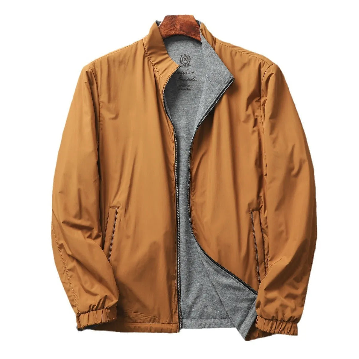 Men's stand collar casual jacket in polyester fibre with cotton lining, shown in available colours
