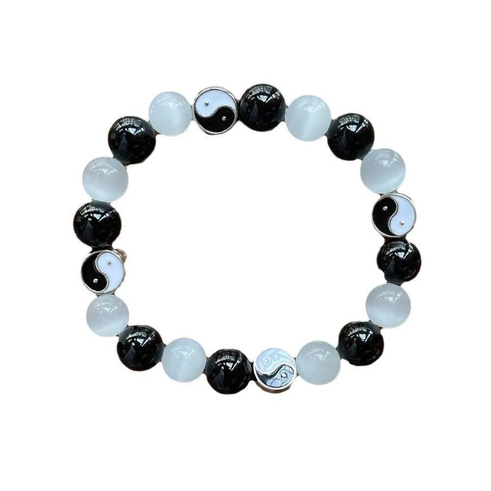 Opal agate Tai Chi bracelet with black agate inlays, 10mm beads, Chinese style design for men and women
