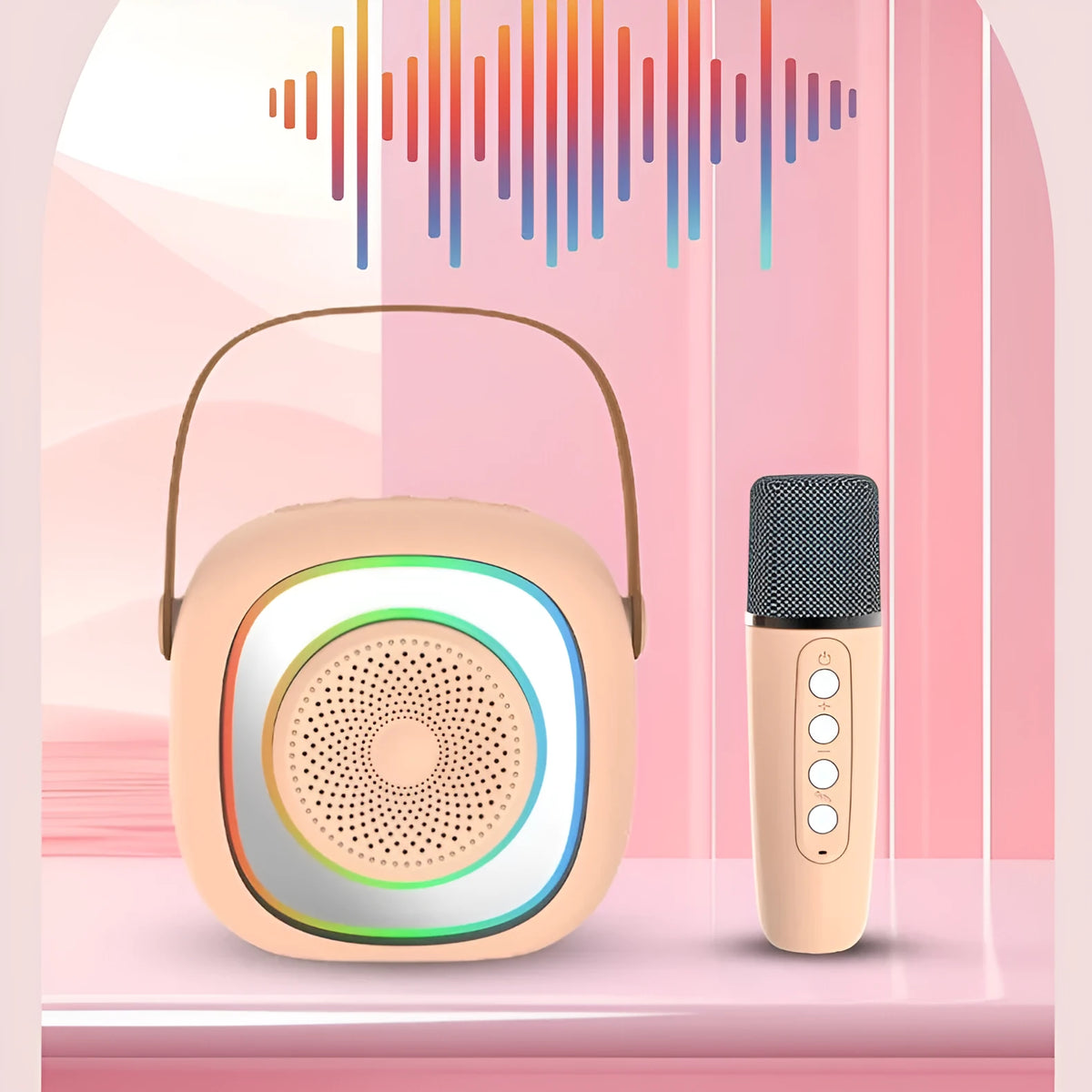 Wireless karaoke microphone with LED lighting in black, white, or pink colour options