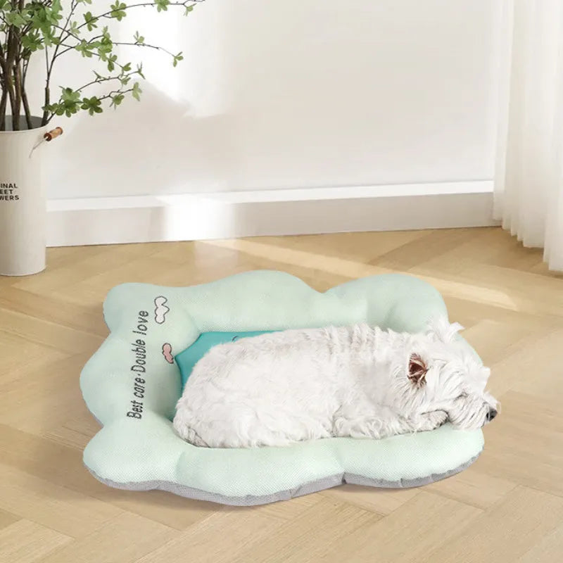 Ice silk pet cooling mat in green and pink colours showing four size options for dogs and cats