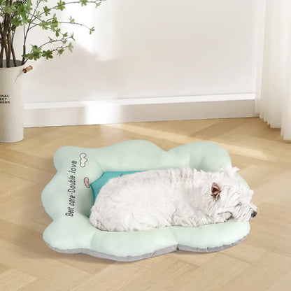 Ice silk pet cooling mat in green and pink colours showing four size options for dogs and cats