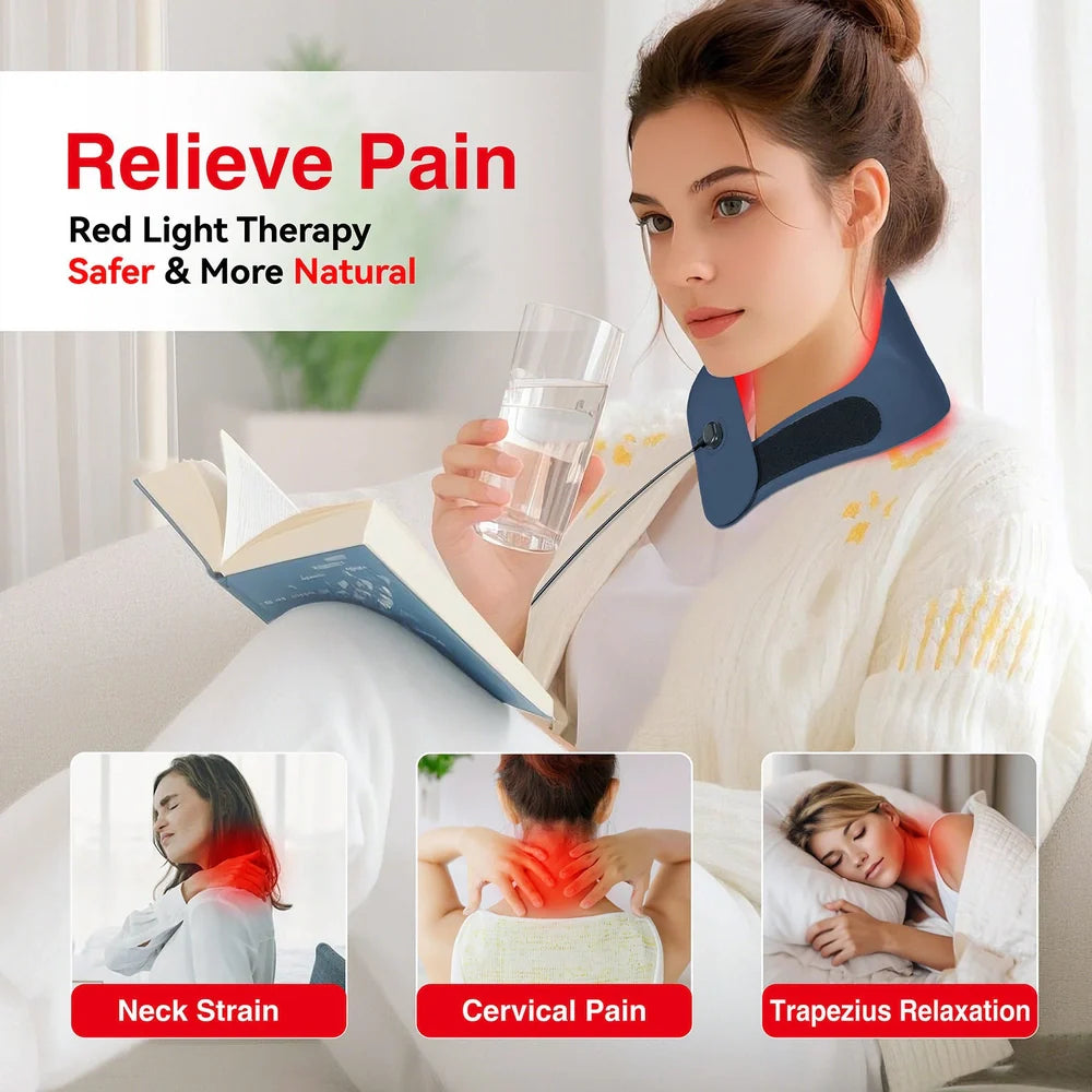 Deep sky blue neck mask with controller showing heat and pulse therapy functions for cervical vertebra relief