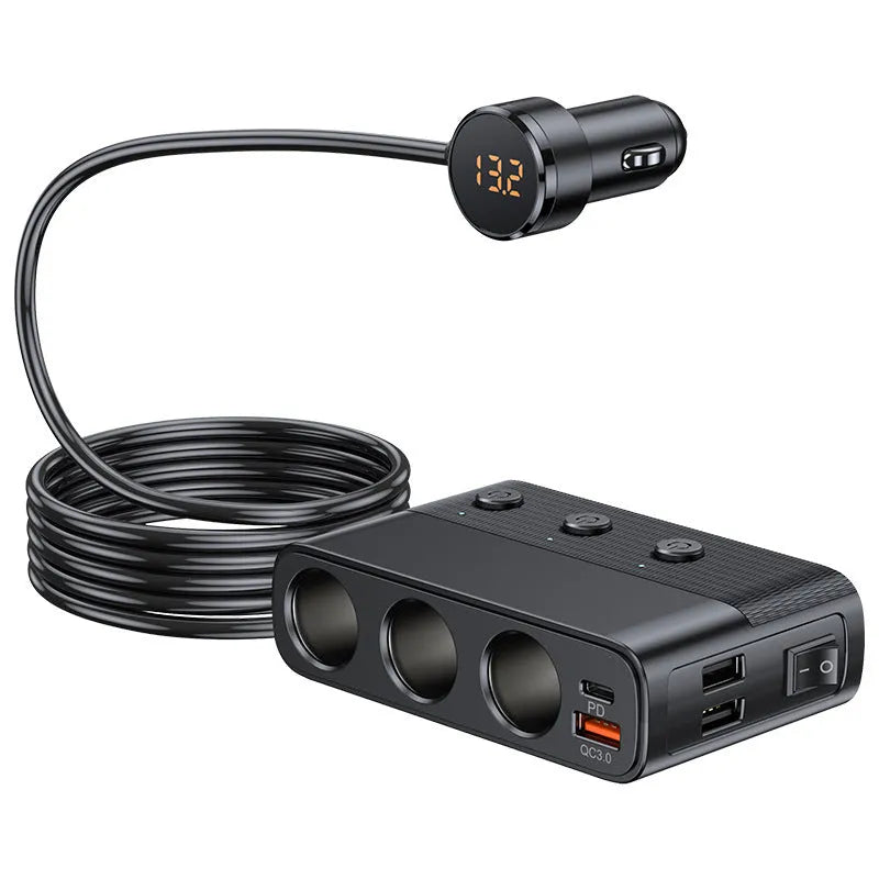 Black vehicle cigarette lighter charger with multiple USB ports and 1m cable