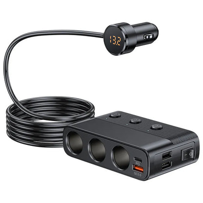 Black vehicle cigarette lighter charger with multiple USB ports and 1m cable