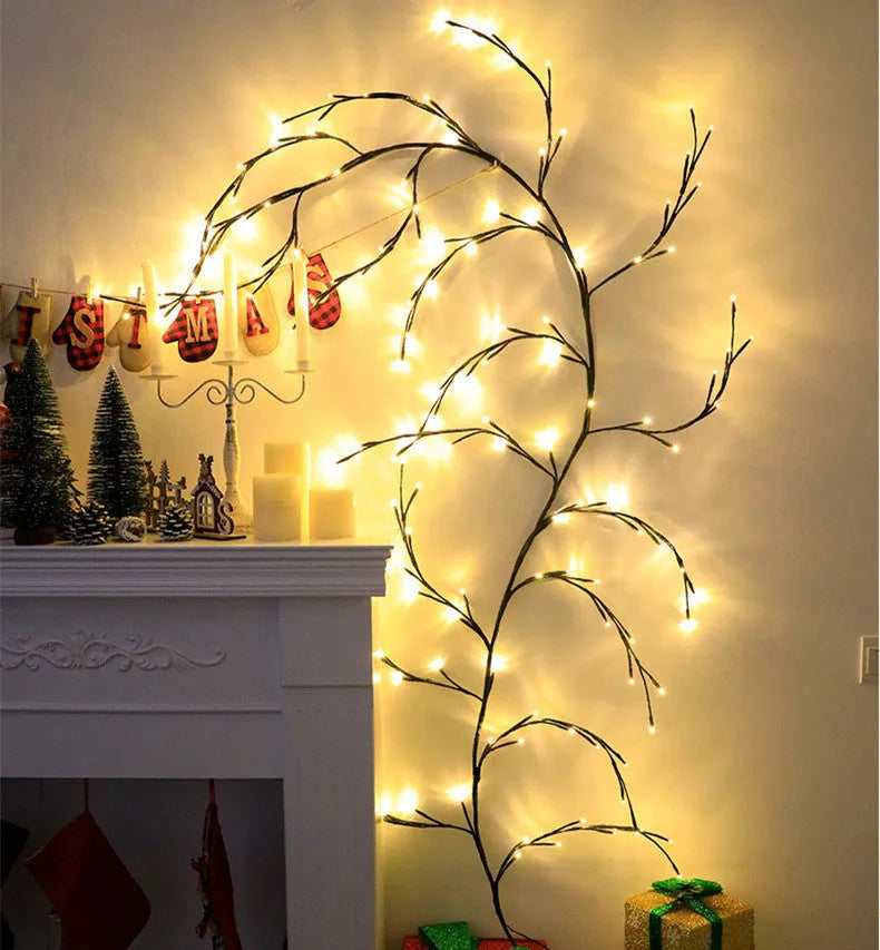 LED rattan tree light string arrangement with warm white illumination for decorative room lighting
