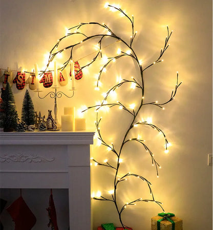 LED rattan tree light string arrangement with warm white illumination for decorative room lighting