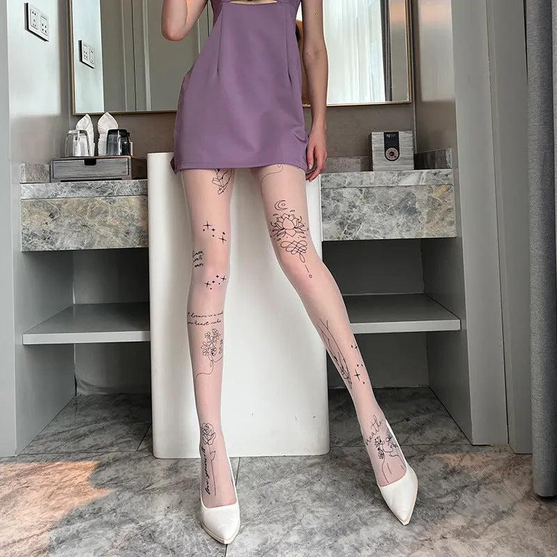 Women's thin jacquard pantyhose in black, skin colour, and milky white prints, shown in free size and plus size options.