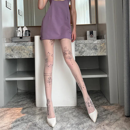 Women's thin jacquard pantyhose in black, skin colour, and milky white prints, shown in free size and plus size options.