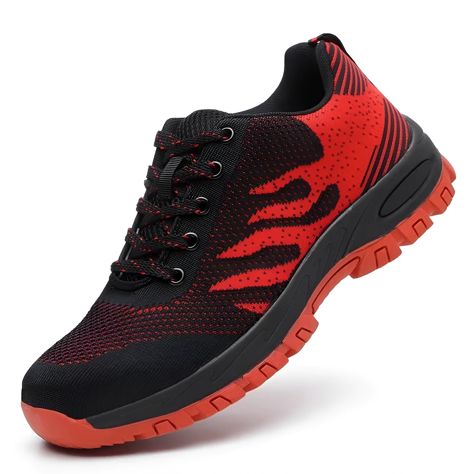 Red low-top safety shoes with steel toe cap and breathable mesh upper for summer workplace protection