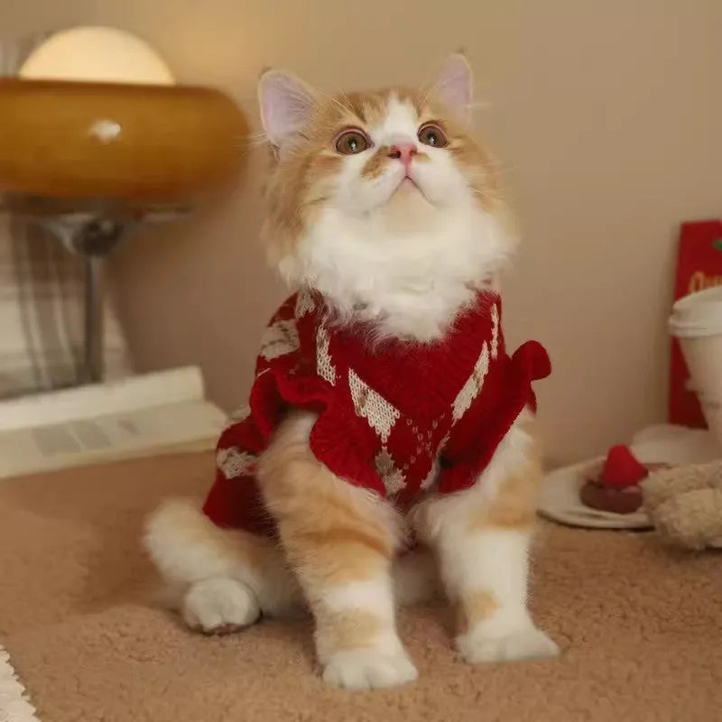 Red cat sweater with rhombic embroidery cherry pattern for autumn and winter wear