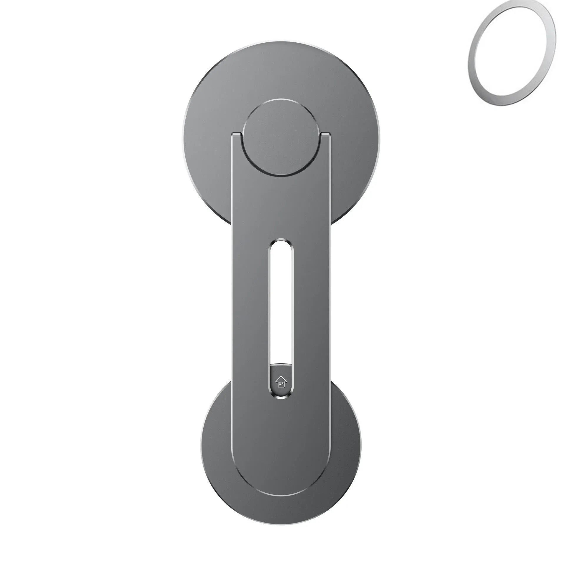 Silver aluminium alloy magnetic phone holder for Tesla vehicles showing 180-degree rotation mechanism