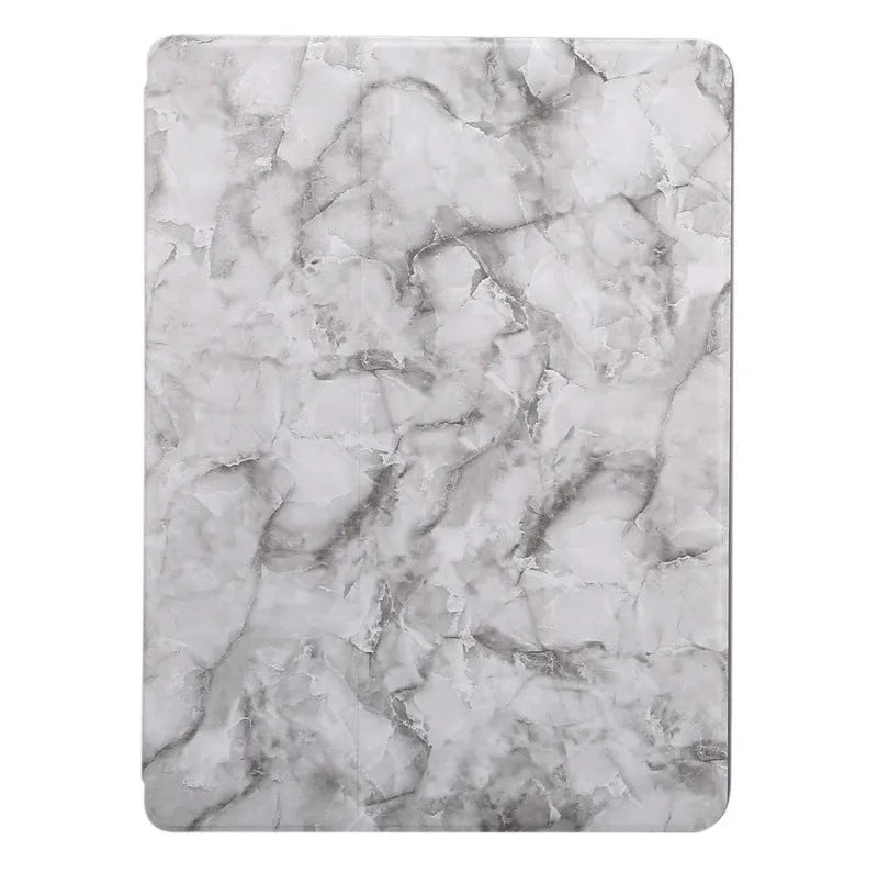 Tri-fold iPad case with marbling design showing pen slot and available in dark gray, creamy-white, purple, blue, and pink colours