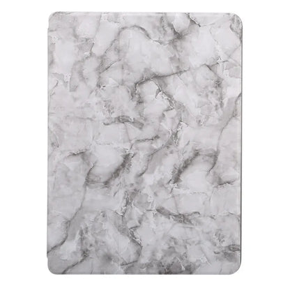 Tri-fold iPad case with marbling design showing pen slot and available in dark gray, creamy-white, purple, blue, and pink colours