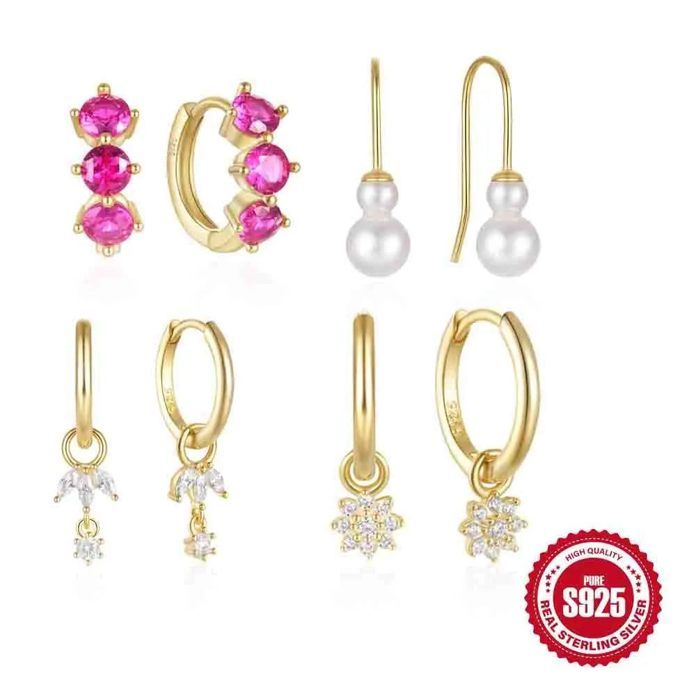 S925 sterling silver earrings with inlaid zircon stones and sunflower geometric design for women