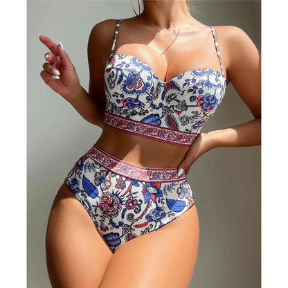Blue women's high waisted push up bikini swimsuit with sleeveless design