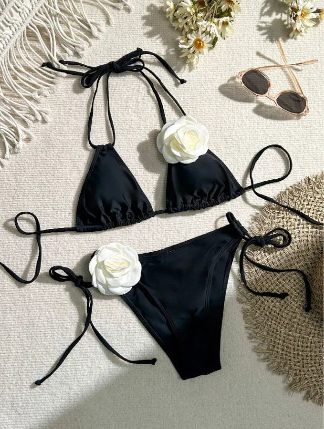 Black 3D flower lace bikini swimsuit with drawstring detailing and backless briefs design
