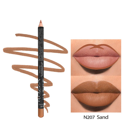 Matte finish lip liner pencil shown in a case, with 14 shade options from 201 to 214 for lip contouring.