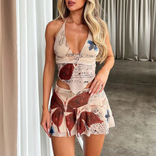 Women's 2Pcs Printed Summer Dress Set with V-neck Halter Top and Pleated Skirt