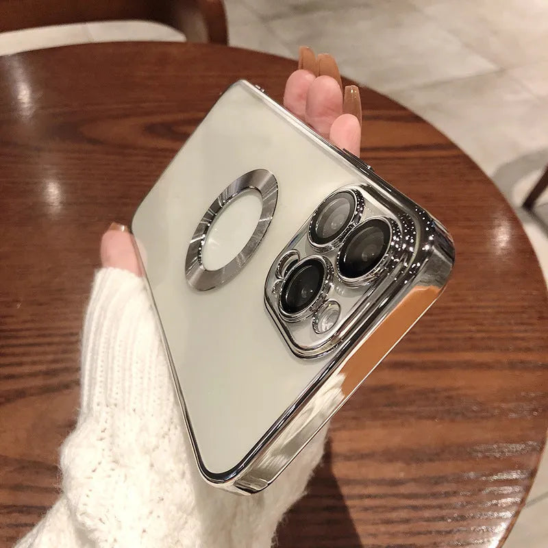 Electroplated silicone iPhone case with built-in camera lens protector shown in Far Peak Blue colour.