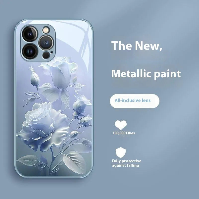 Blooming rose glass painted phone case in red with tempered glass and all-inclusive fit for iPhone 12-15 models