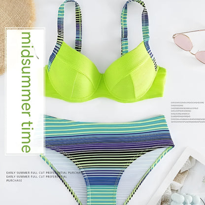Green printed halter bikini for women with split-style briefs