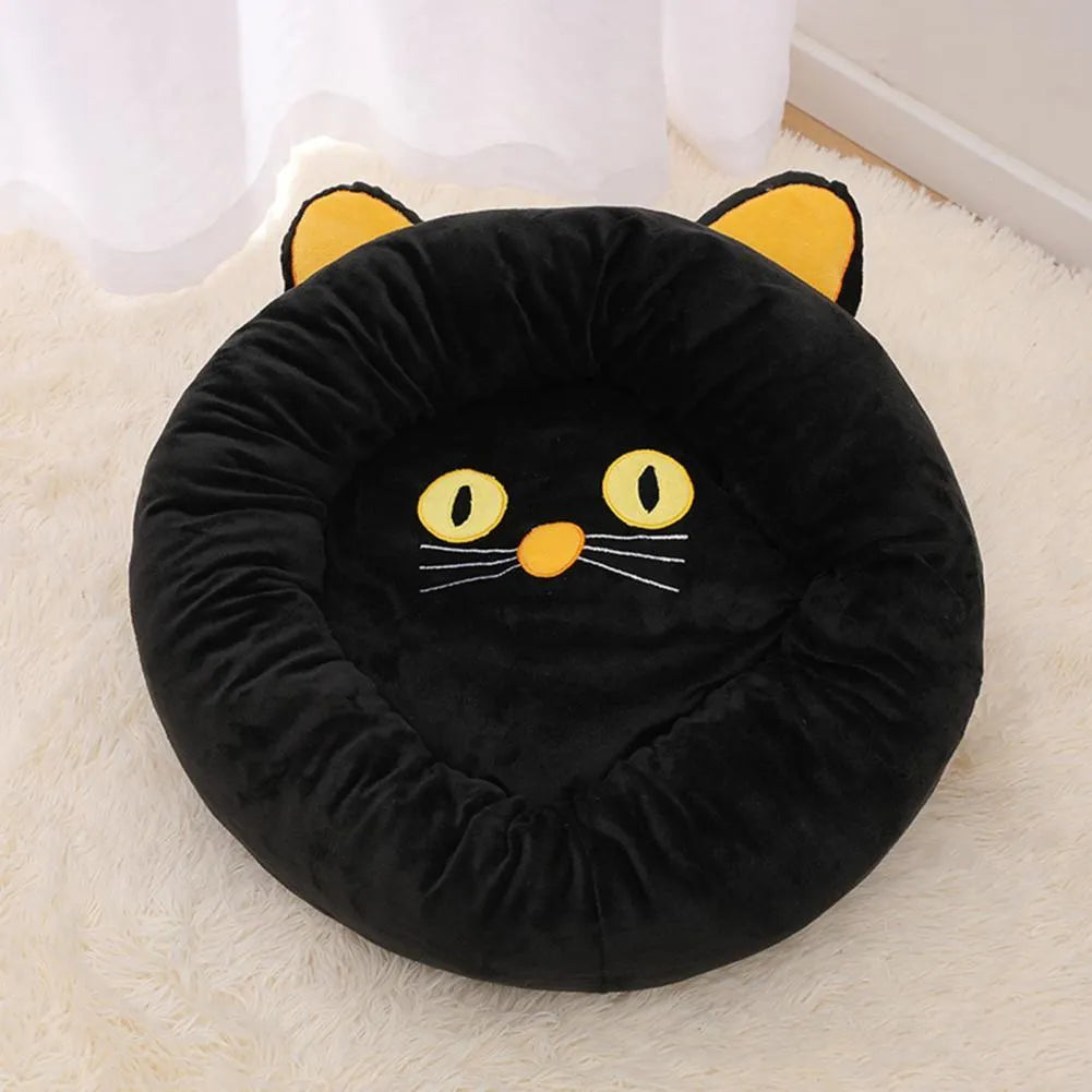 Black cat shaped velvet pet nest bed with raised edges for cats