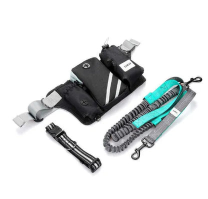 Black nylon dog walking set with adjustable waist bag, leash, and collar for outdoor pet training