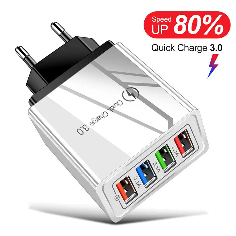 Four-port USB mobile phone charging head with luminous indicator in multiple colour options