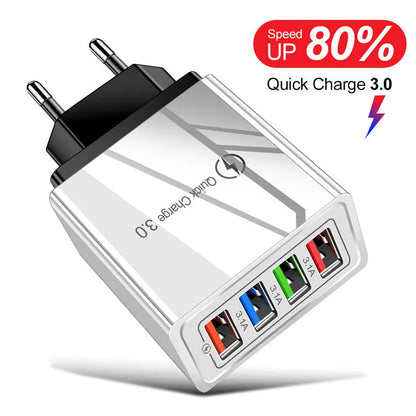 Four-port USB mobile phone charging head with luminous indicator in multiple colour options