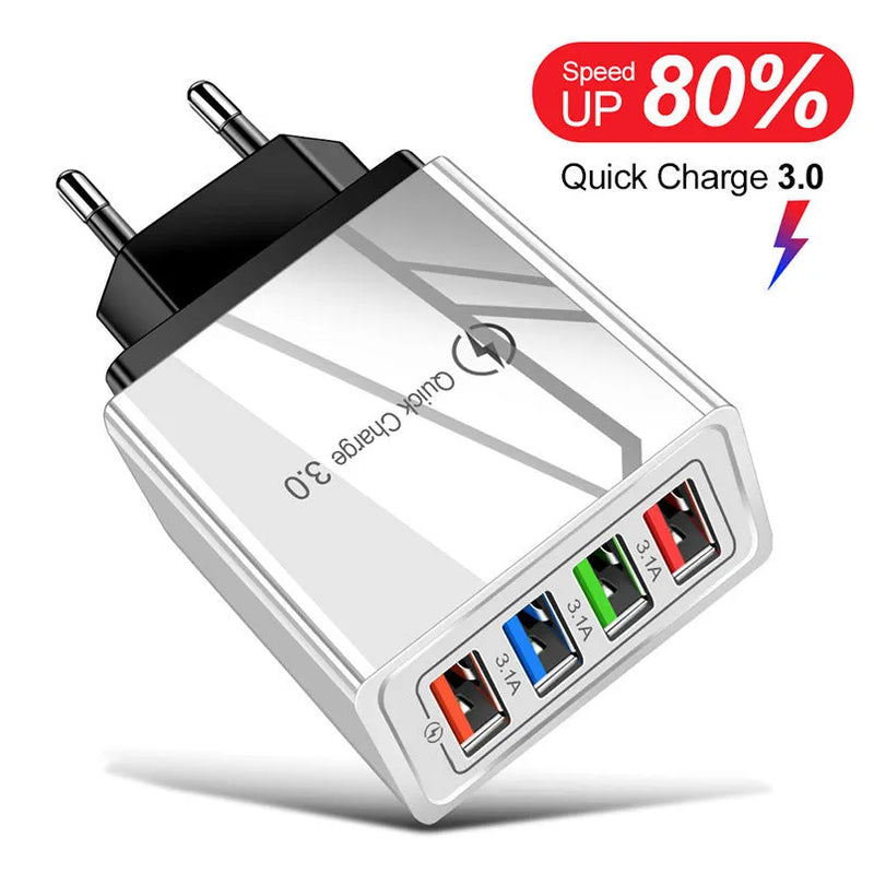 Mobile phone charging head with luminous colour indicator intelligent 3A 4-port USB charger for simultaneous device charging, available in multiple colour combinations with US, EU and UK plug specifications for international travel use