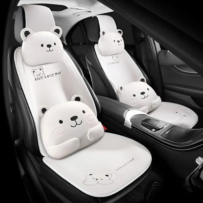 Car seat cushion set showing a linen cushion and separate lumbar support pillow in a choice of five colours.