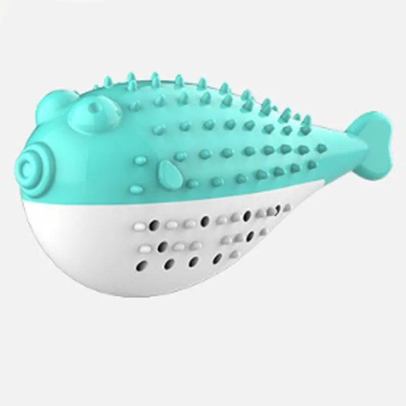 Mint Toys blue silicone fish-shaped cat chew toy on a wooden floor.