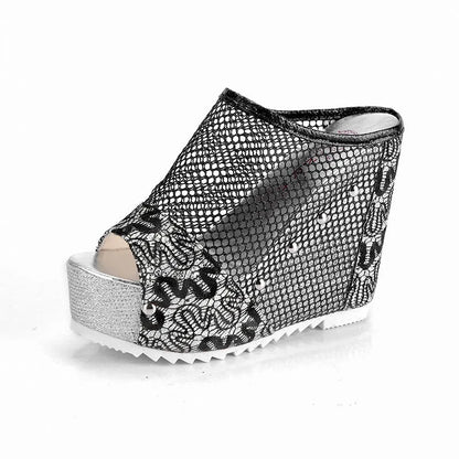 Korean-style platform flip flops with hollowed chunky heels and lace detailing on mesh upper