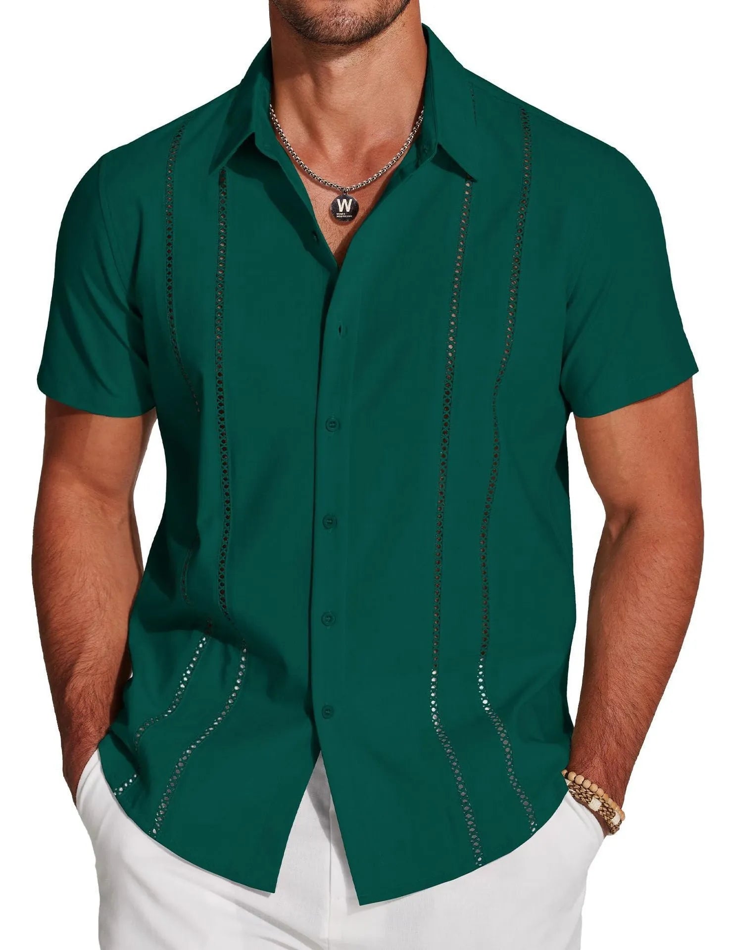 Men's slim fit Hawaiian short sleeve shirt with digital printed pattern on polyester fabric