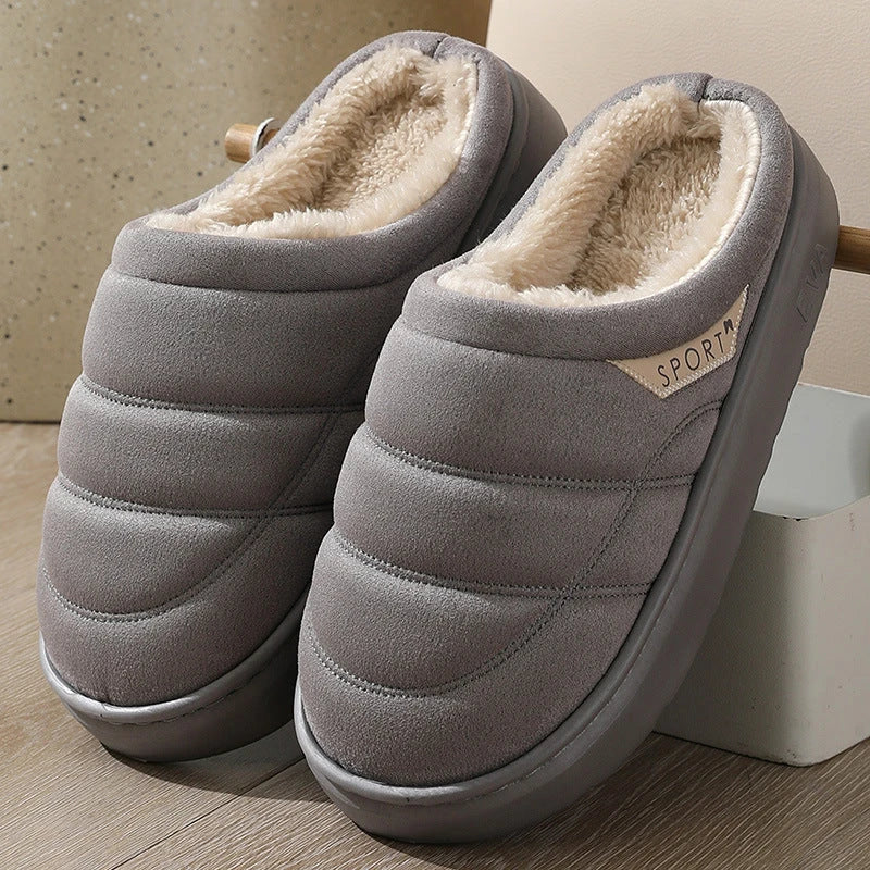 Cozy plush slip-on slippers in various colors, featuring a soft suede-like upper and a supportive EVA sole for maximum comfort and warmth.