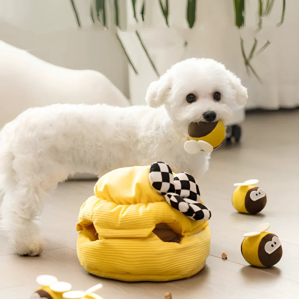 Honey pattern dog food puzzle toy with eight compartments for treat hiding and mental stimulation
