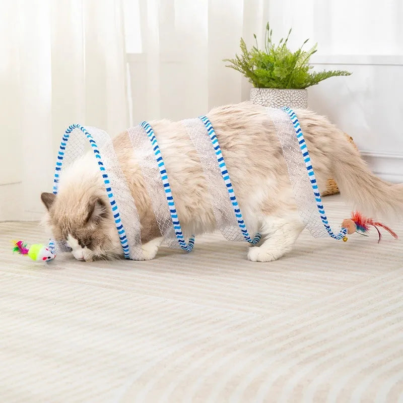 Blue cat tunnel with long pole feather teasing stick toy for cats on a floor.