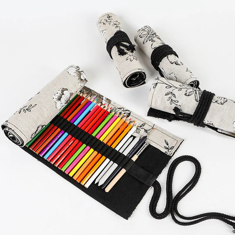 Black Peony printed cotton hemp pencil roll bag unfurled showing 24 or 72 pencil pockets.