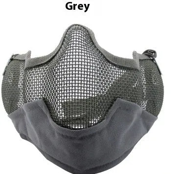 Carbon steel net protective face mask in camouflage pattern for outdoor field use.
