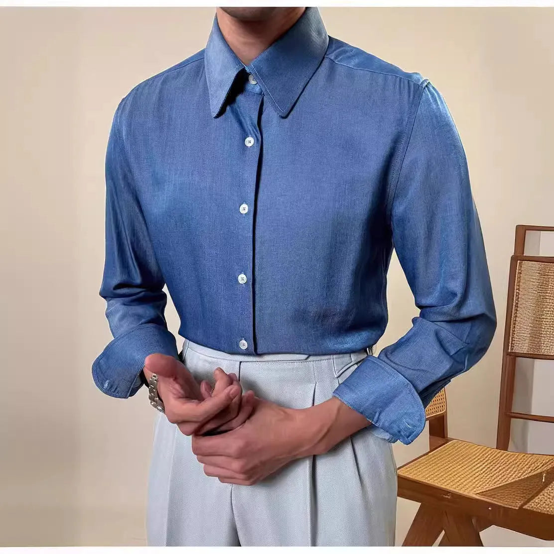 Men's round collar long sleeve shirt in slim fit available in sky blue and denim blue colours
