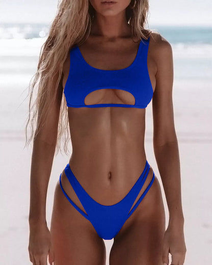 Women's solid colour bikini with hollow snake fabric for swimming