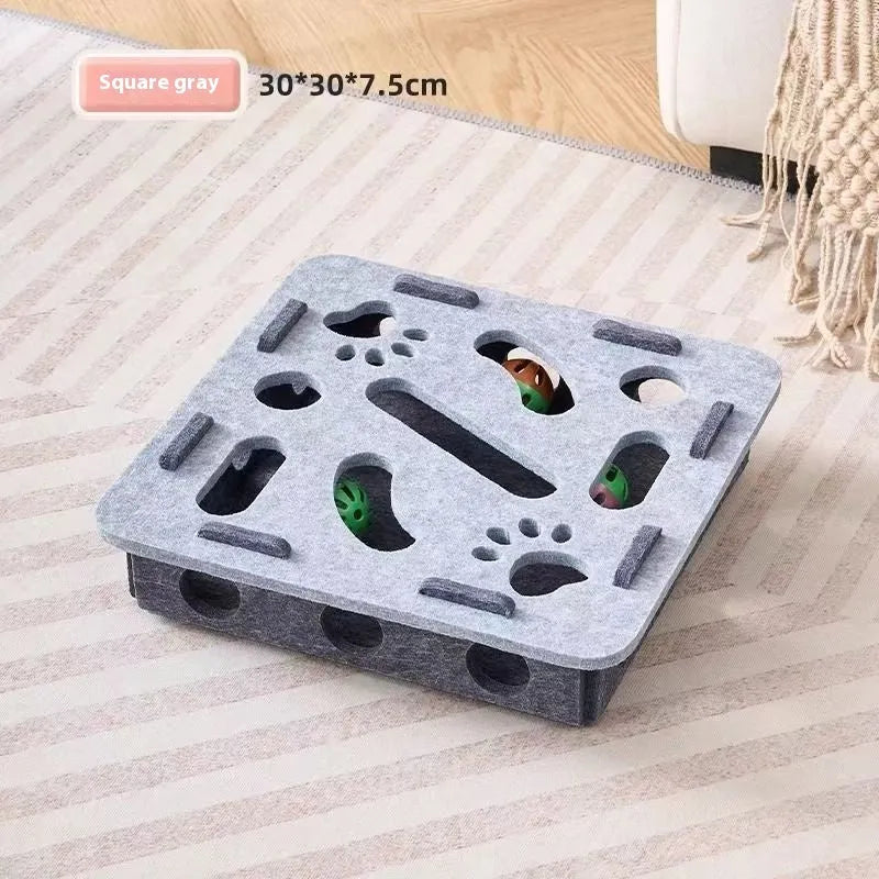 Green brown felt box cat toy with paw holes measuring 30 x 30 x 7.5 cm