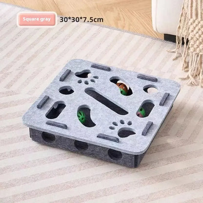 Green brown felt box cat toy with paw holes measuring 30 x 30 x 7.5 cm