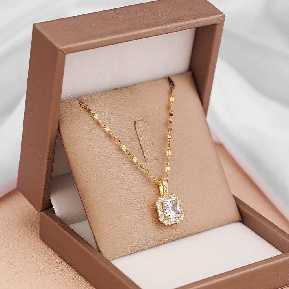 Women's gold titanium steel clavicle chain with quadrilateral zircon-inlaid geometric pendant on water wave chain